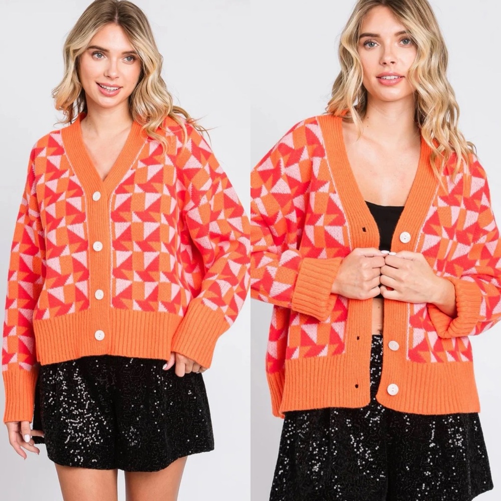 GeeGee Multicolored Geometric Sweater Cardigan in Tangerine Twist